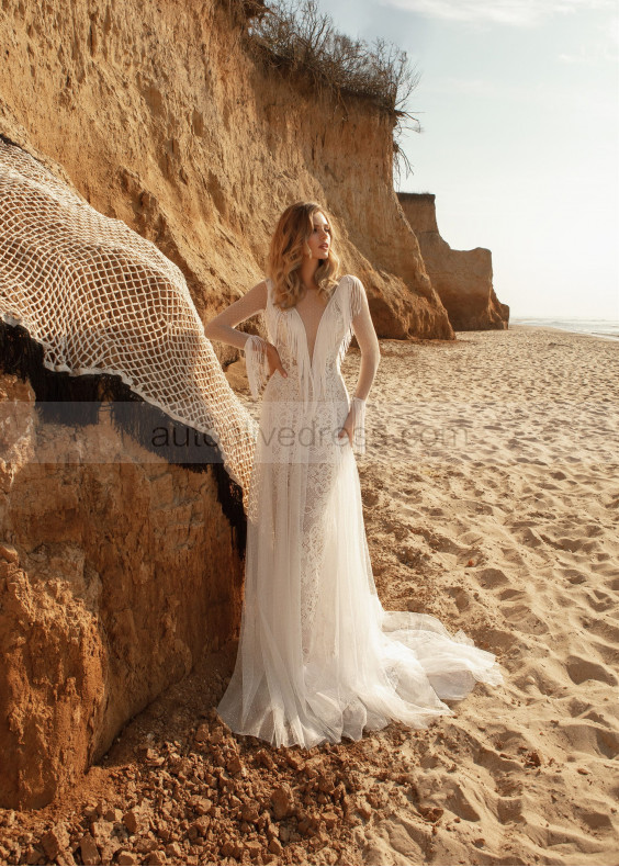 Ivory Lace Tassels V Back Wedding Dress